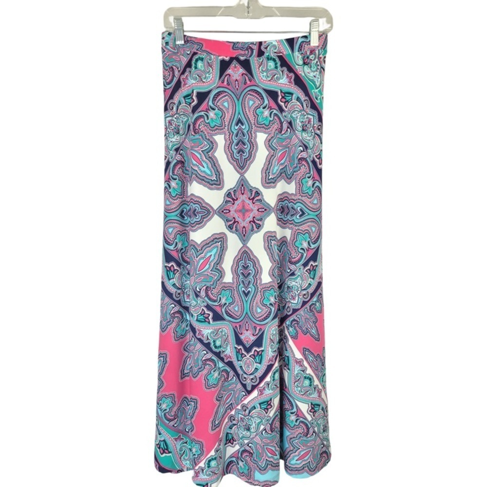 ✅ NWT Chico’s Paisley Scarf-Print Maxi Skirt Fun print pink blue white size 2